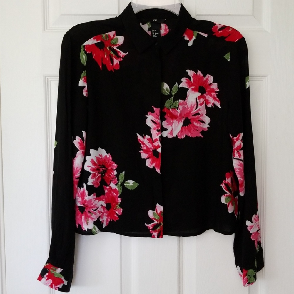 Black H&M Button Down with Pink Floral Print